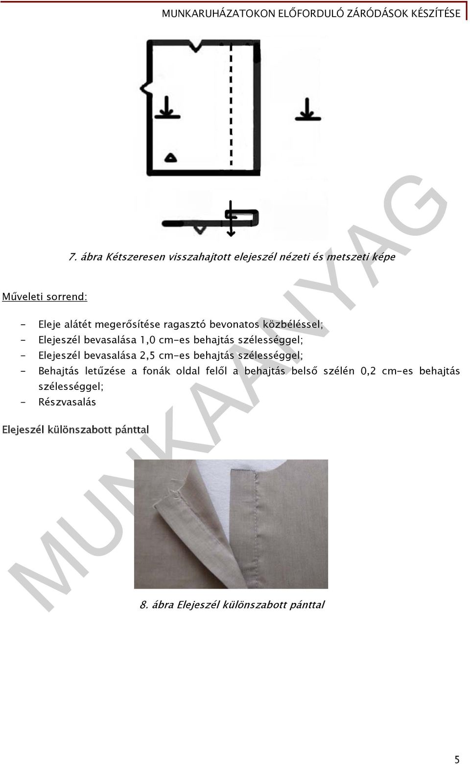 bevonatos közbéléssel; - Elejeszél bevasalása 1,0 cm-es behajtás szélességgel; - Elejeszél bevasalása 2,5