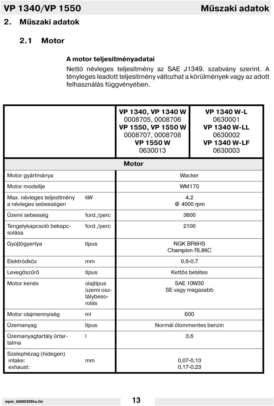 VP 1340, VP 1340 W 0008705, 0008706 VP 1550, VP 1550 W 0008707, 0008708 VP 1550 W 0630013 VP 1340 W-L 0630001 VP 1340 W-LL 0630002 VP 1340 W-LF 0630003 Motor Motor gyártmánya Motor modellje Max.