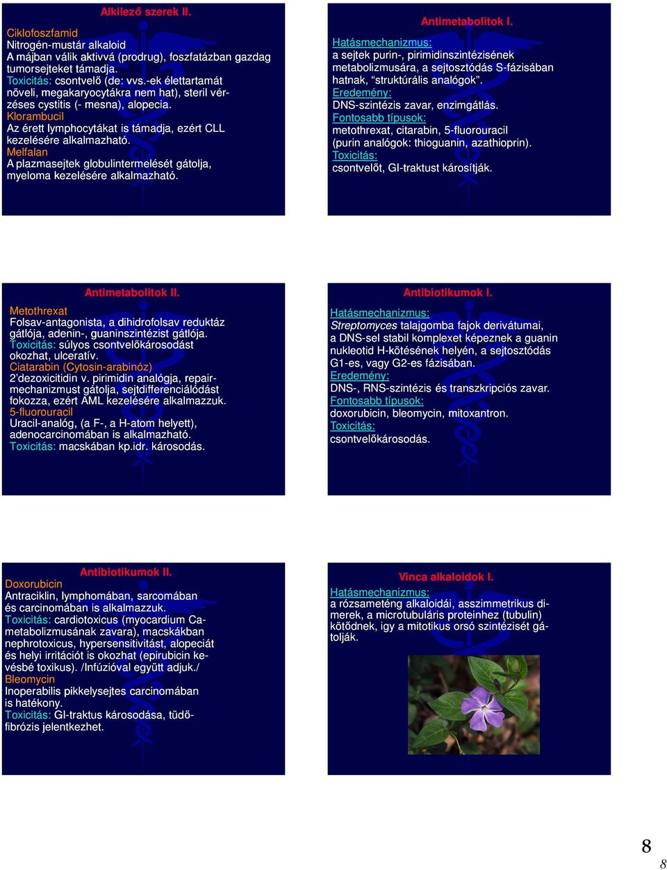 Antimetabolitok II. Antibiotikumok I. Ciklofoszfamid Nitrogén-mustár alkaloid A májban válik aktivvá (prodrug), foszfatázban gazdag tumorsejteket támadja. csontvelő (de: vvs.