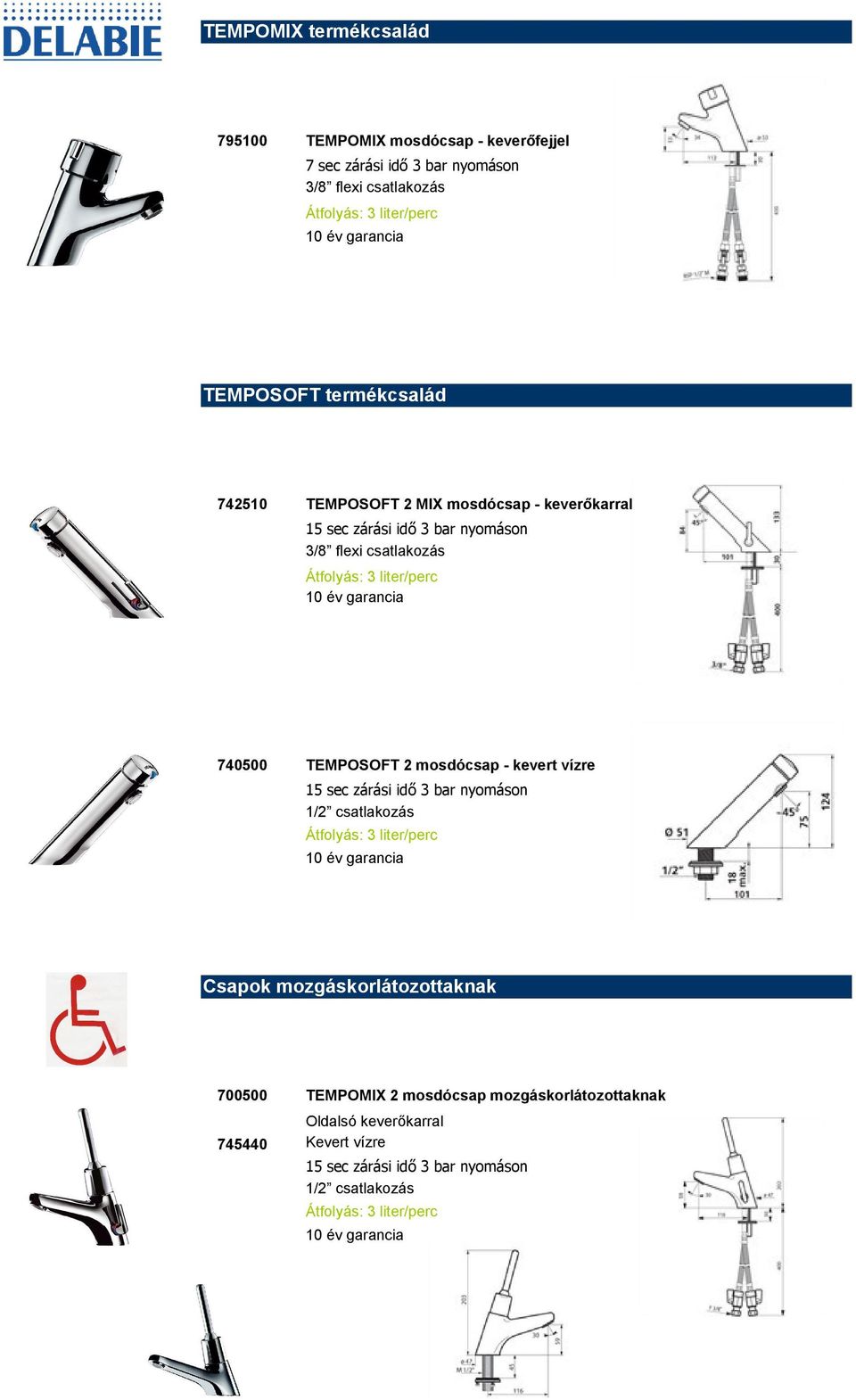 liter/perc 10 év garancia 740500 W TEMPOSOFT 2 mosdócsap - kevert vízre Átfolyás: 3 liter/perc 10 év garancia Csapok