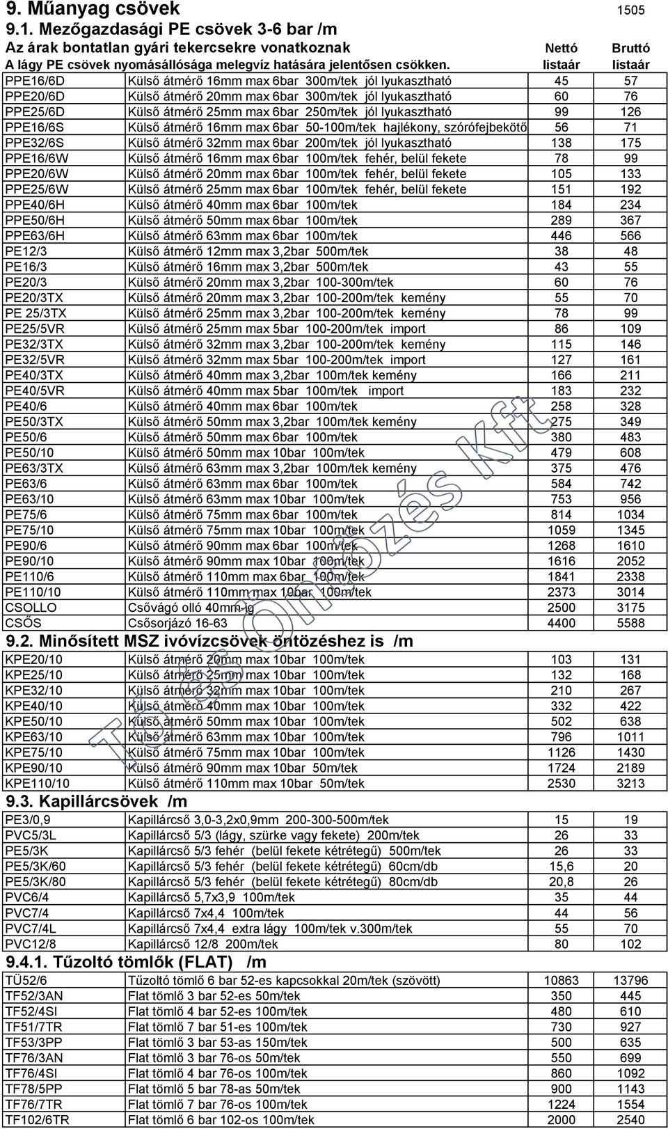 jól lyukasztható 99 126 PPE16/6S Külső átmérő 16mm max 6bar 50-100m/tek hajlékony, szórófejbekötőnek, 56 mikrónak, lyukasztható 71 PPE32/6S Külső átmérő 32mm max 6bar 200m/tek jól lyukasztható 138