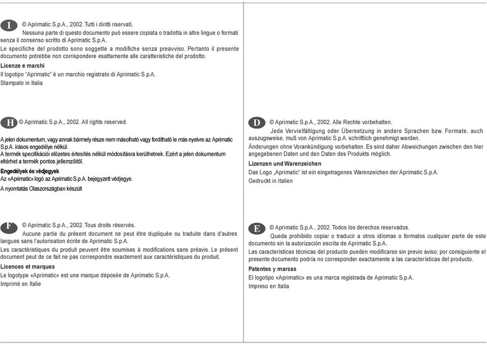 p.A., 2002. All rights reserved. A jelen dokumentum, vagy annak bármely része nem másolható vagy fordítható le más nyelvre az Aprimatic S.p.A. írásos engedélye nélkül.