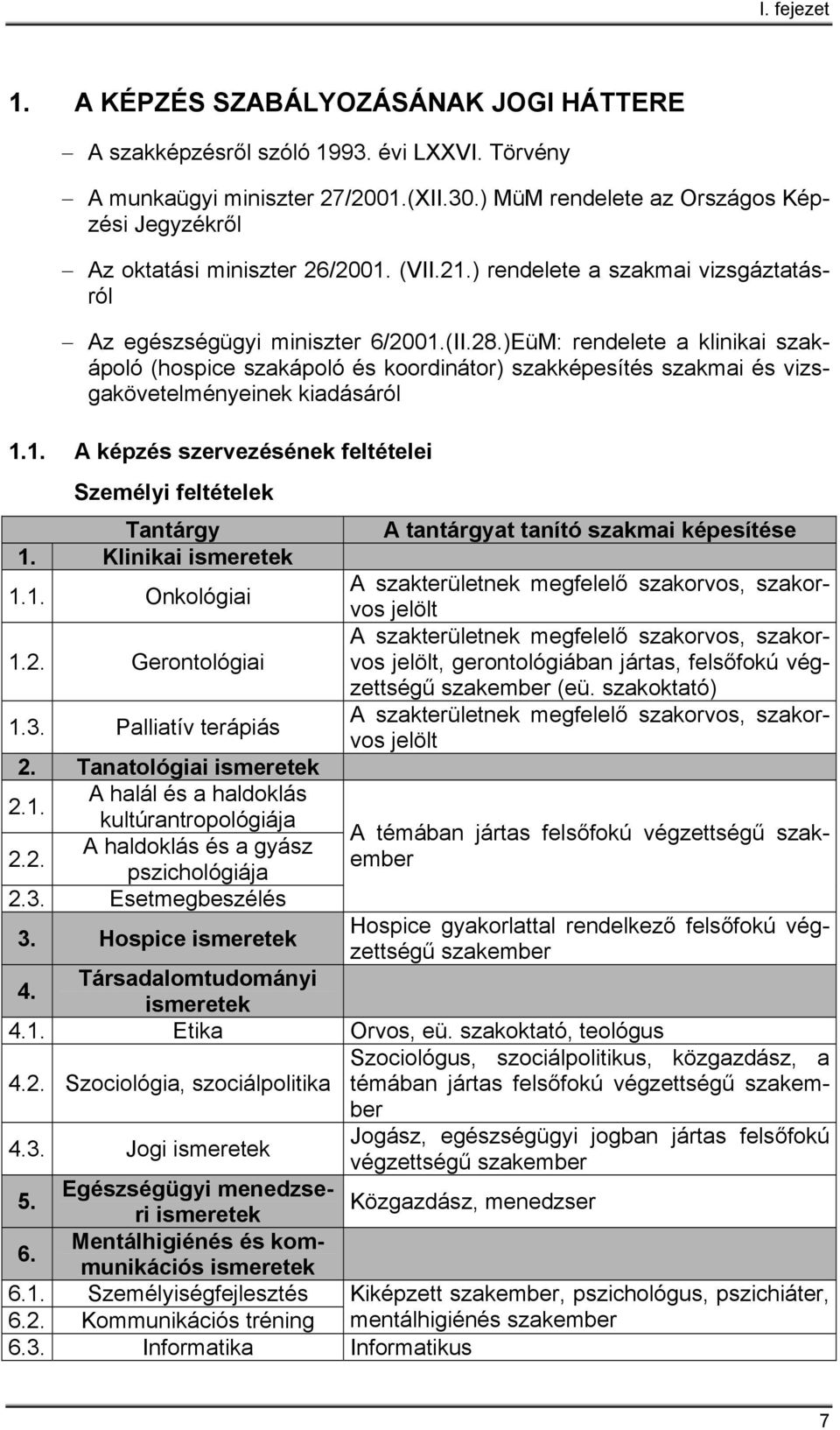 )EüM: rendelete a klinikai szakápoló (hospice szakápoló és koordinátor) szakképesítés szakmai és vizsgakövetelményeinek kiadásáról 1.1. A képzés szervezésének feltételei Személyi feltételek Tantárgy 1.