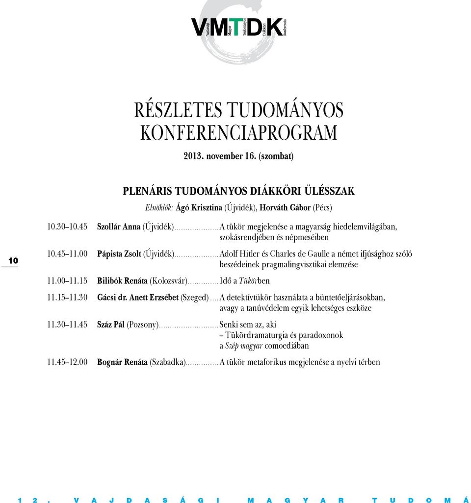 ..Adolf Hitler és Charles de Gaulle a német ifjúsághoz szóló beszédeinek pragmalingvisztikai elemzése 11.00 11.15 Bilibók Renáta (Kolozsvár)...Idő a Tükörben 11.15 11.30 Gácsi dr.