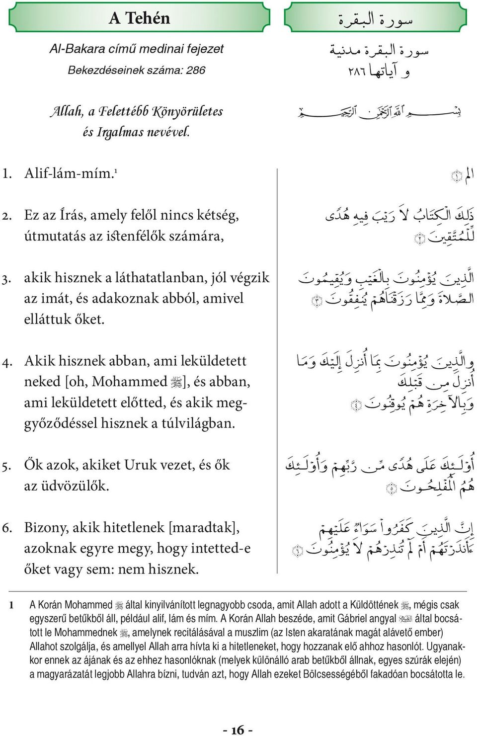 Akik hisznek abban, ami leküldetett neked [oh, Mohammed ], és abban, ami leküldetett előtted, és akik megggyőződéssel hisznek a túlvilágban. 5. Ők azok, akiket Uruk vezet, és ők az üdvözülők. 6.