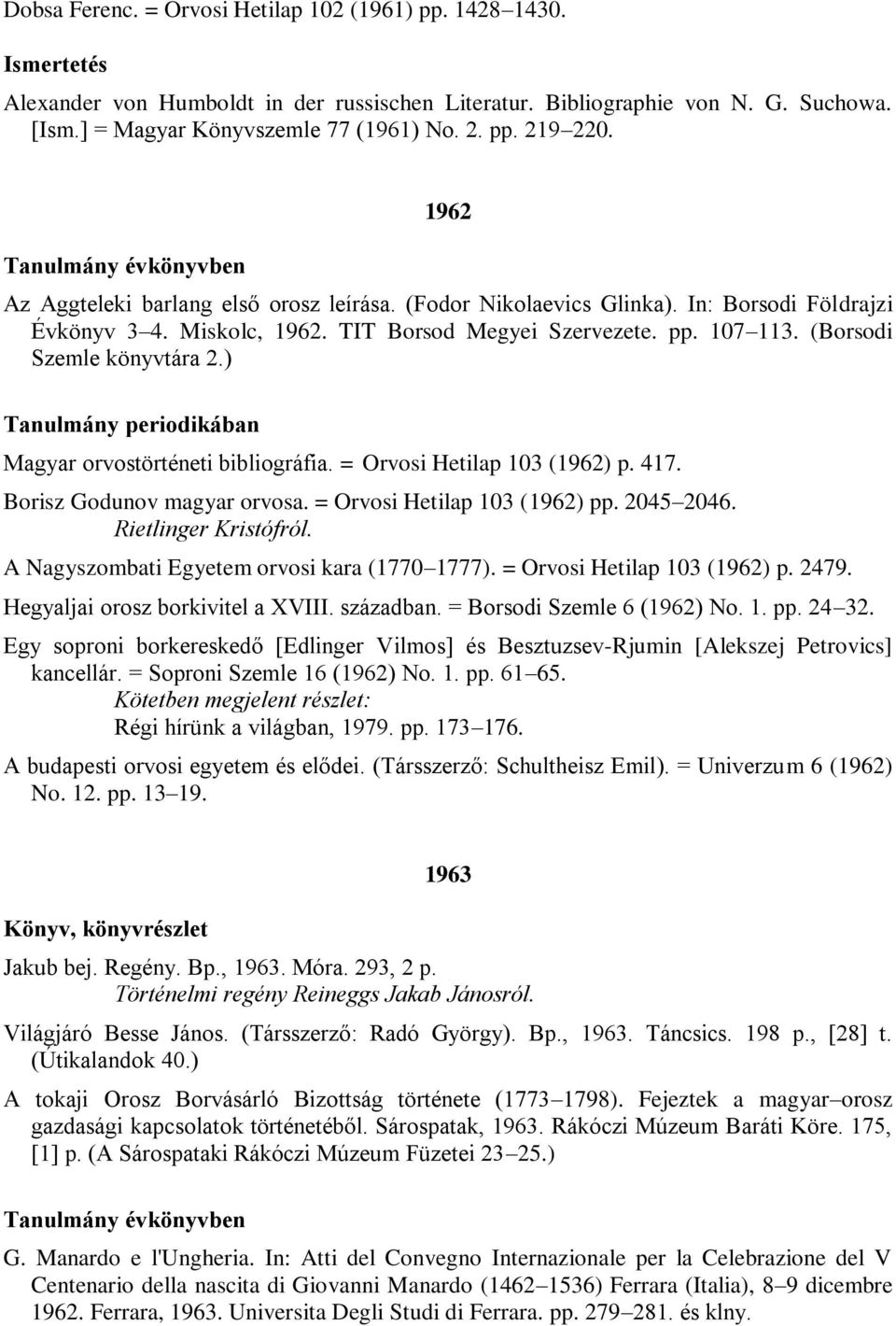 (Borsodi Szemle könyvtára 2.) Magyar orvostörténeti bibliográfia. = Orvosi Hetilap 103 (1962) p. 417. Borisz Godunov magyar orvosa. = Orvosi Hetilap 103 (1962) pp. 2045 2046. Rietlinger Kristófról.