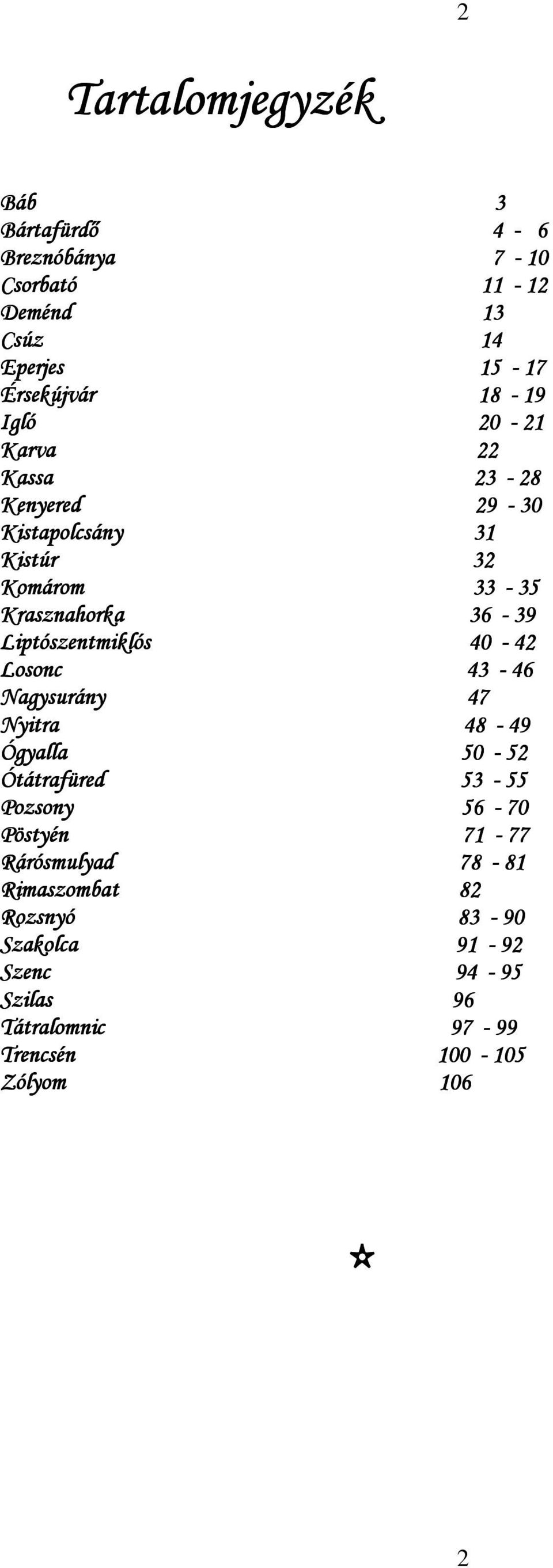 Liptószentmiklós 40-42 Losonc 43-46 Nagysurány 47 Nyitra 48-49 Ógyalla 50-52 Ótátrafüred 53-55 Pozsony 56-70 Pöstyén