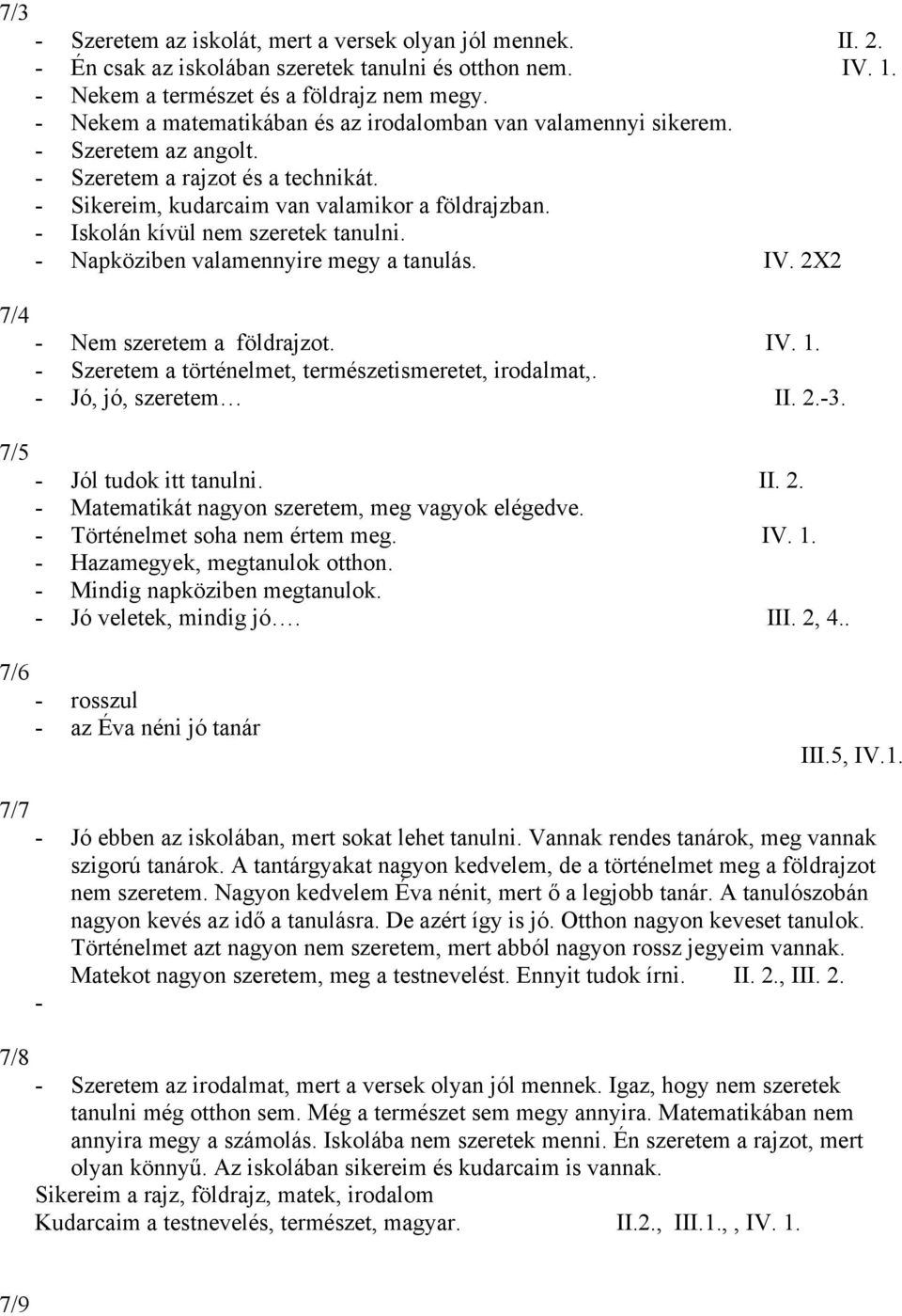 - Iskolán kívül nem szeretek tanulni. - Napköziben valamennyire megy a tanulás. IV. 2X2 7/4 7/5 - Nem szeretem a földrajzot. IV. 1. - Szeretem a történelmet, természetismeretet, irodalmat,.