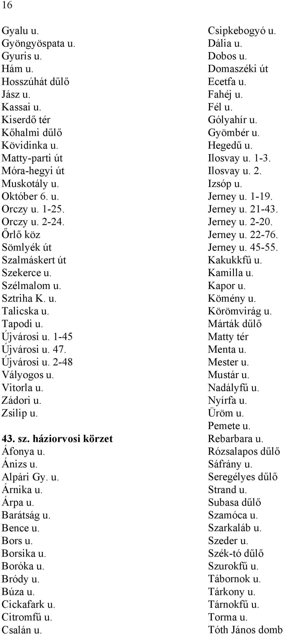 háziorvosi körzet Áfonya u. Ánizs u. Alpári Gy. u. Árnika u. Árpa u. Barátság u. Bence u. Bors u. Borsika u. Boróka u. Bródy u. Búza u. Cickafark u. Citromfű u. Csalán u. Csipkebogyó u. Dália u.