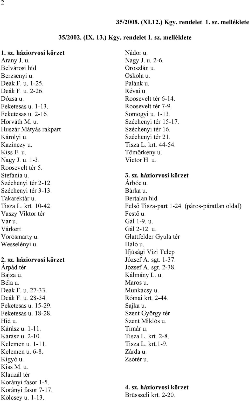 Széchenyi tér 3-13. Takaréktár u. Tisza L. krt. 10-42. Vaszy Viktor tér Vár u. Várkert Vörösmarty u. Wesselényi u. 2. sz. háziorvosi körzet Árpád tér Bajza u. Béla u. Deák F. u. 27-33. Deák F. u. 28-34.