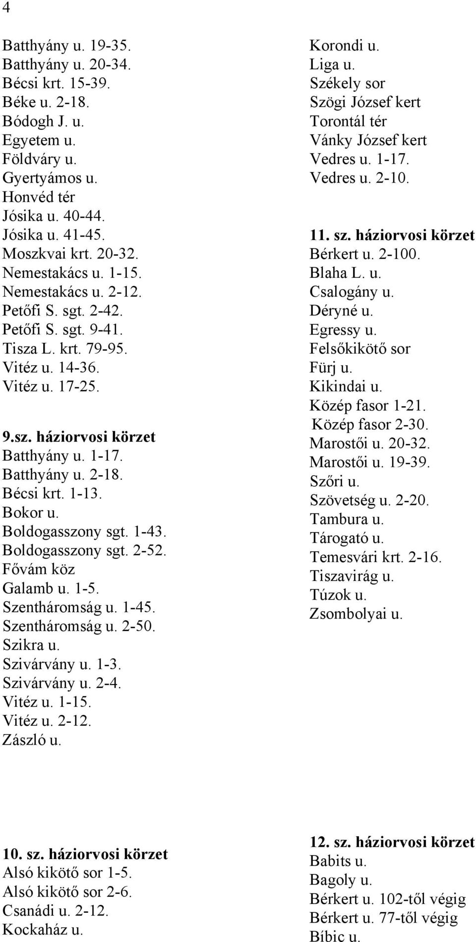 Bécsi krt. 1-13. Bokor u. Boldogasszony sgt. 1-43. Boldogasszony sgt. 2-52. Fővám köz Galamb u. 1-5. Szentháromság u. 1-45. Szentháromság u. 2-50. Szikra u. Szivárvány u. 1-3. Szivárvány u. 2-4.