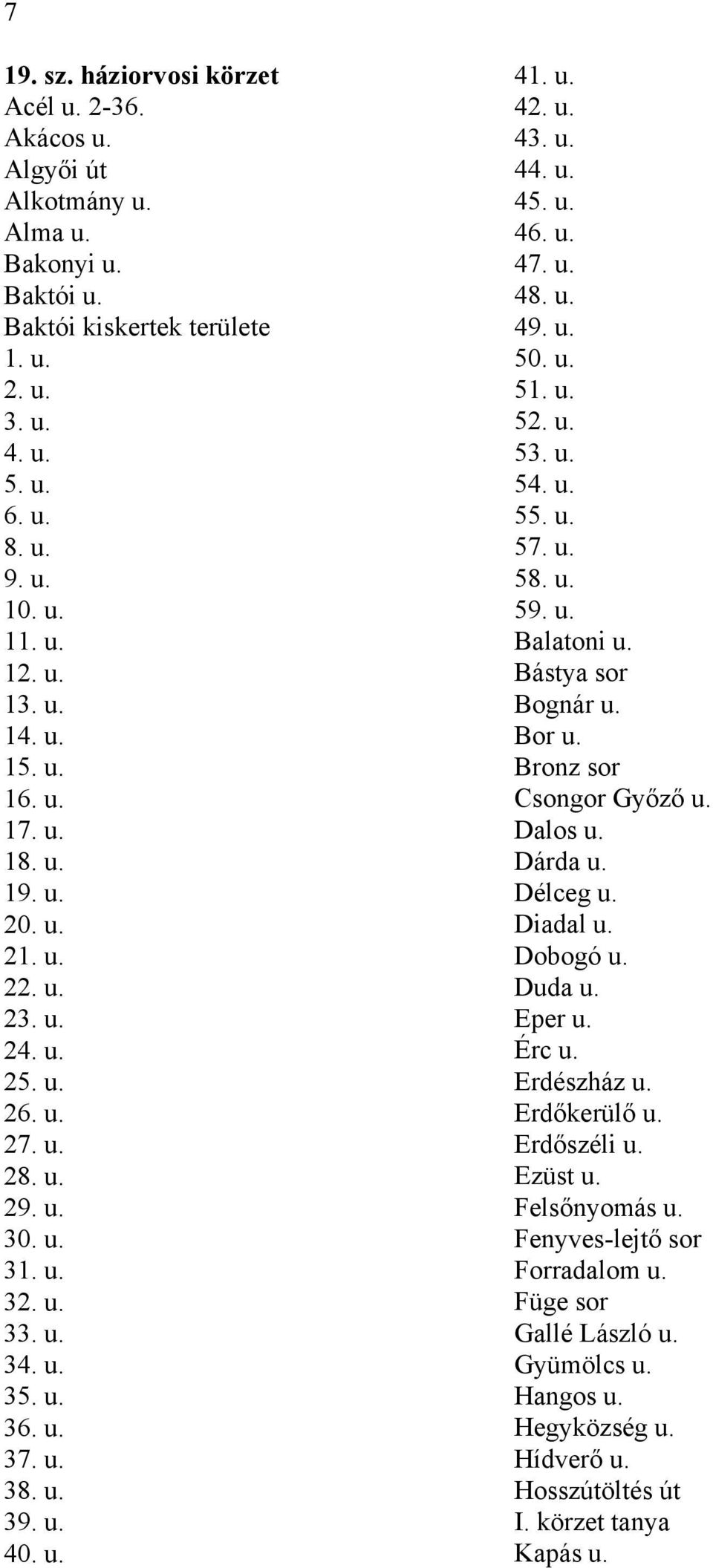 u. 43. u. 44. u. 45. u. 46. u. 47. u. 48. u. 49. u. 50. u. 51. u. 52. u. 53. u. 54. u. 55. u. 57. u. 58. u. 59. u. Balatoni u. Bástya sor Bognár u. Bor u. Bronz sor Csongor Győző u. Dalos u. Dárda u.