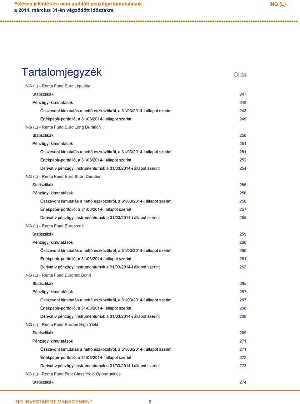 Értékpapírportfolió, a 31/03/2014i állapot szerint 249 Renta Fund Euro Long Duration Statisztikák 250 Pénzügyi kimutatások 251 Összevont kimutatás a nettó eszközökről, a 31/03/2014i állapot szerint