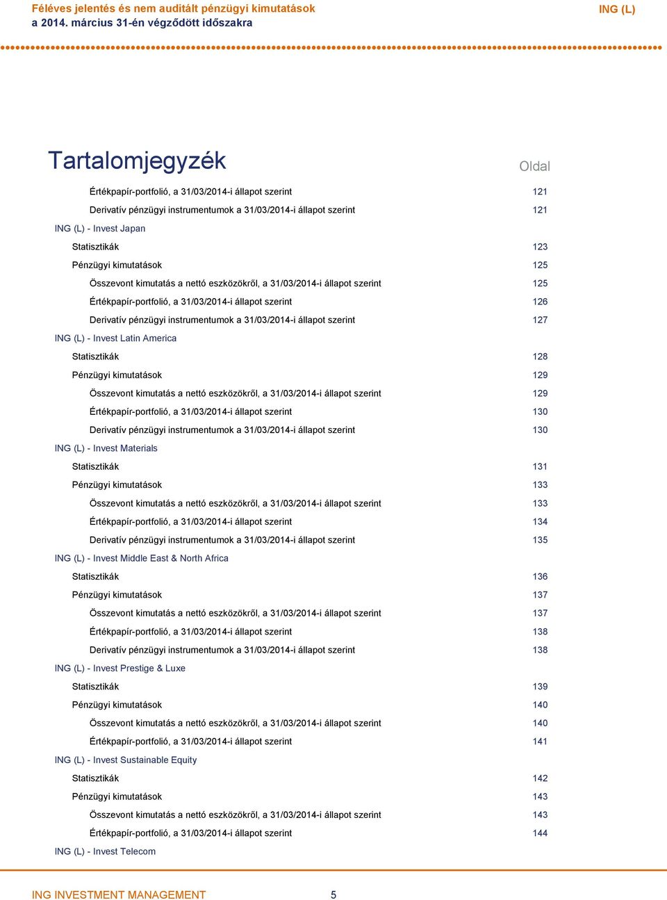 Statisztikák 123 Pénzügyi kimutatások 125 Összevont kimutatás a nettó eszközökről, a 31/03/2014i állapot szerint 125 Értékpapírportfolió, a 31/03/2014i állapot szerint 126 Derivatív pénzügyi