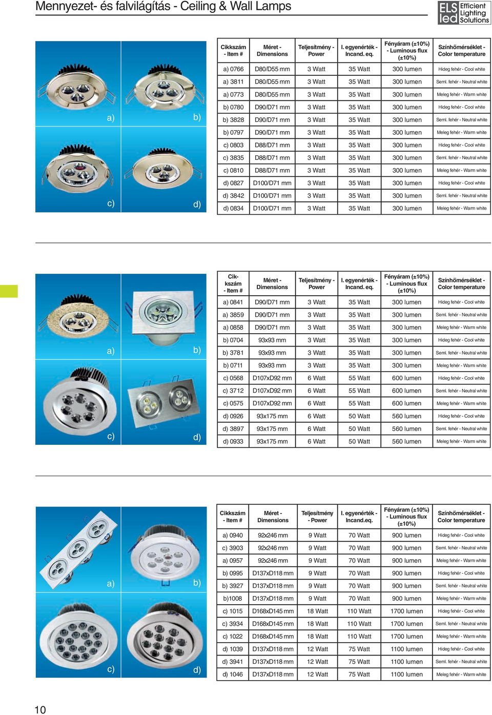 fehér - a) 0773 D80/D55 mm 3 Watt 35 Watt 300 lumen b) 0780 D90/D71 mm 3 Watt 35 Watt 300 lumen b) 3828 D90/D71 mm 3 Watt 35 Watt 300 lumen Seml.