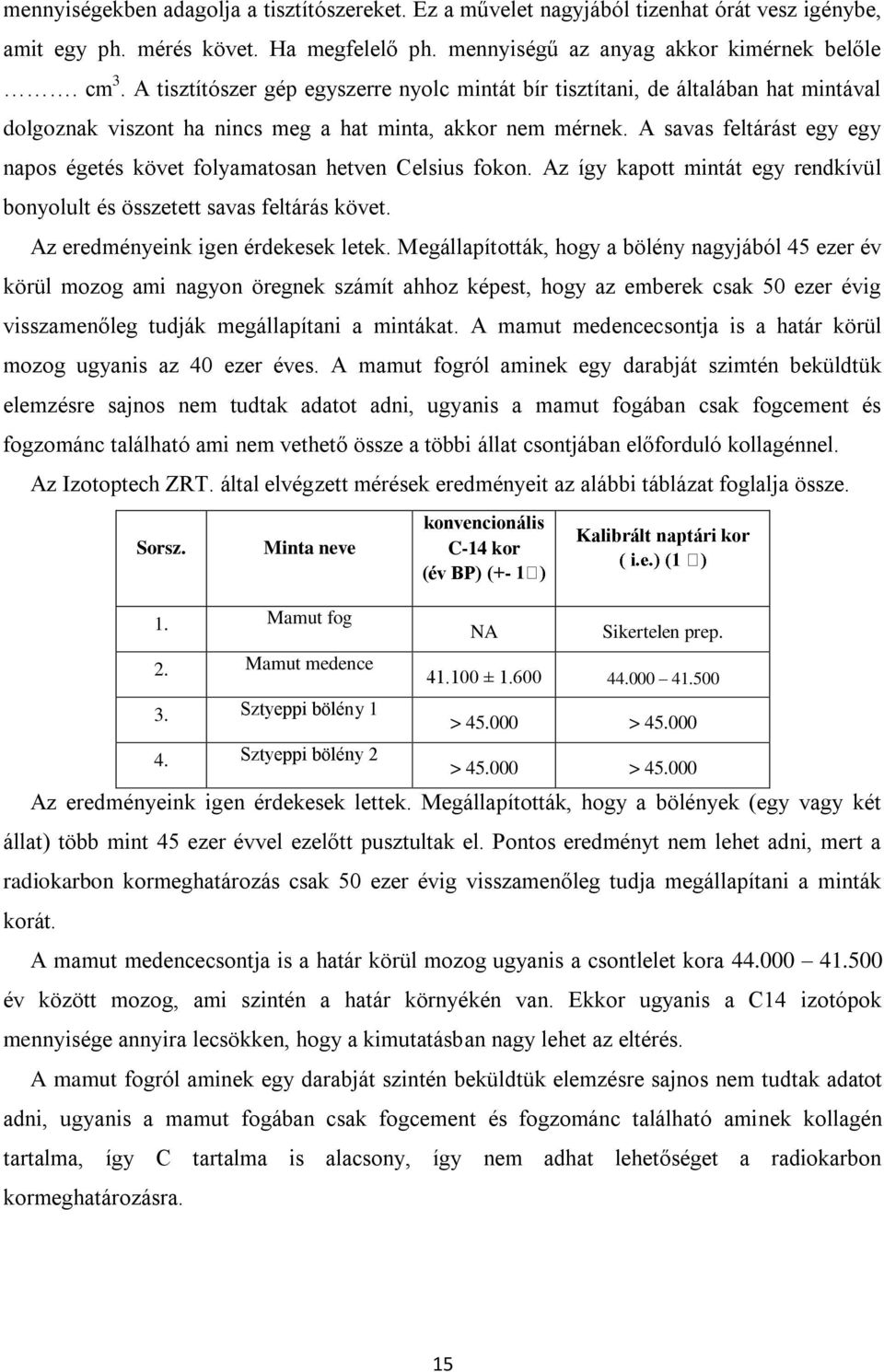 A savas feltárást egy egy napos égetés követ folyamatosan hetven Celsius fokon. Az így kapott mintát egy rendkívül bonyolult és összetett savas feltárás követ. Az eredményeink igen érdekesek letek.