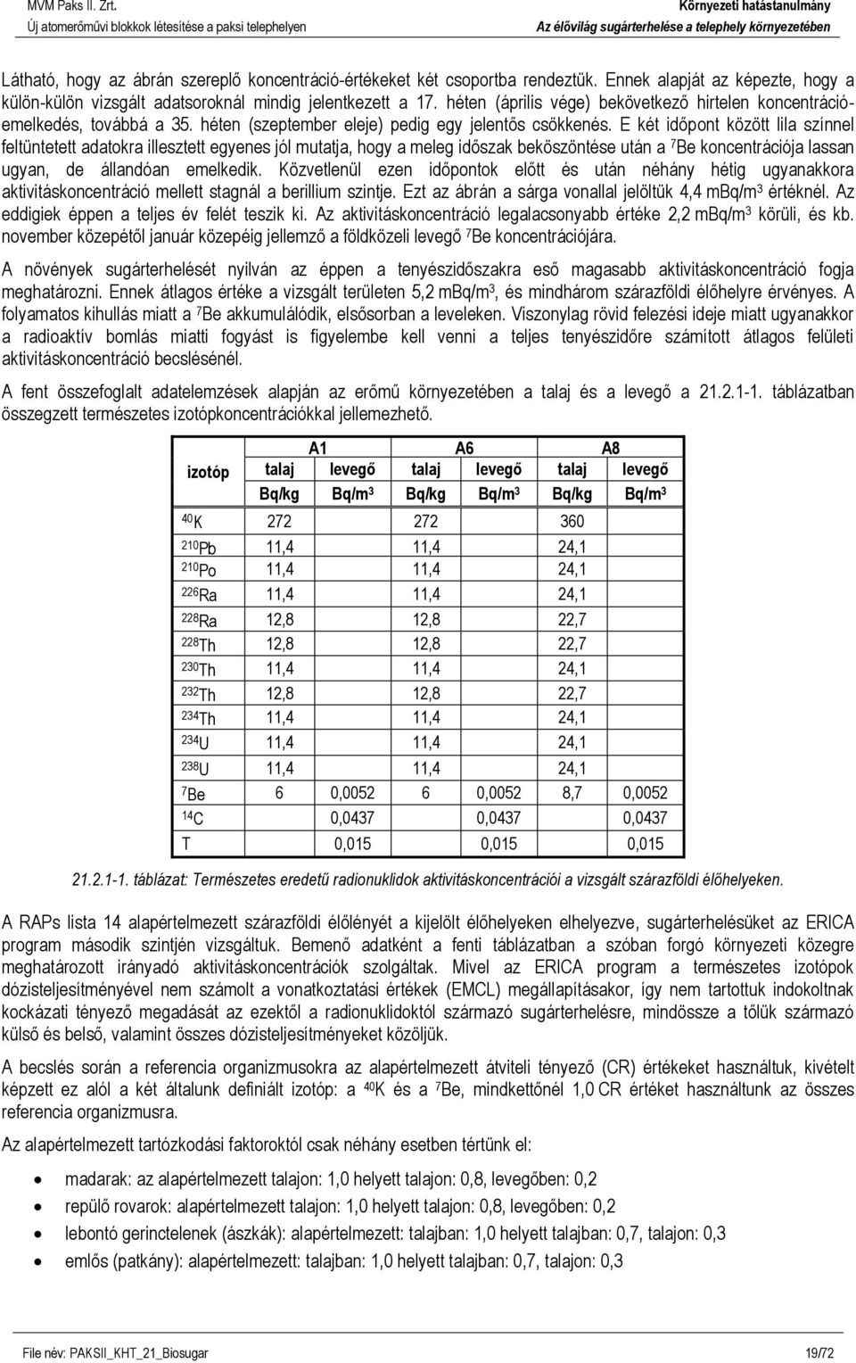 E két időpont között lila színnel feltüntetett adatokra illesztett egyenes jól mutatja, hogy a meleg időszak beköszöntése után a 7 Be koncentrációja lassan ugyan, de állandóan emelkedik.