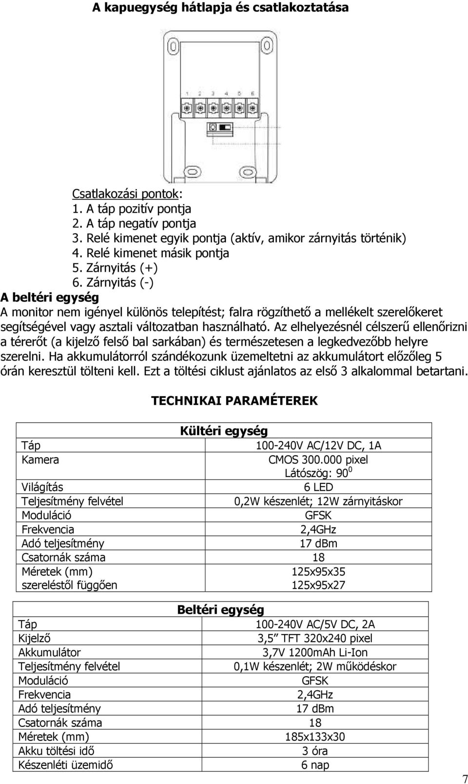 Zárnyitás (-) A beltéri egység A monitor nem igényel különös telepítést; falra rögzíthetı a mellékelt szerelıkeret segítségével vagy asztali változatban használható.