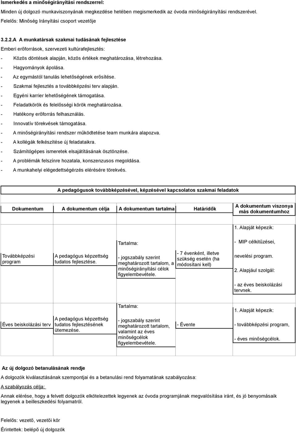 - Az egymástól tanulás lehetőségének erősítése. - Szakmai fejlesztés a továbbképzési terv alapján. - Egyéni karrier lehetőségének támogatása. - Feladatkörök és felelősségi körök meghatározása.