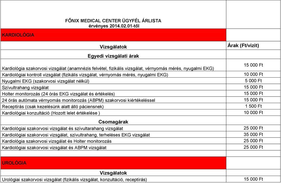 (fizikális vizsgálat, vérnyomás mérés, nyugalmi EKG) Nyugalmi EKG (szakorvosi vizsgálat nélkül) 5 000 Ft Szívultrahang vizsgálat Holter monitorozás (24 órás EKG vizsgálat és értékelés) 24 órás