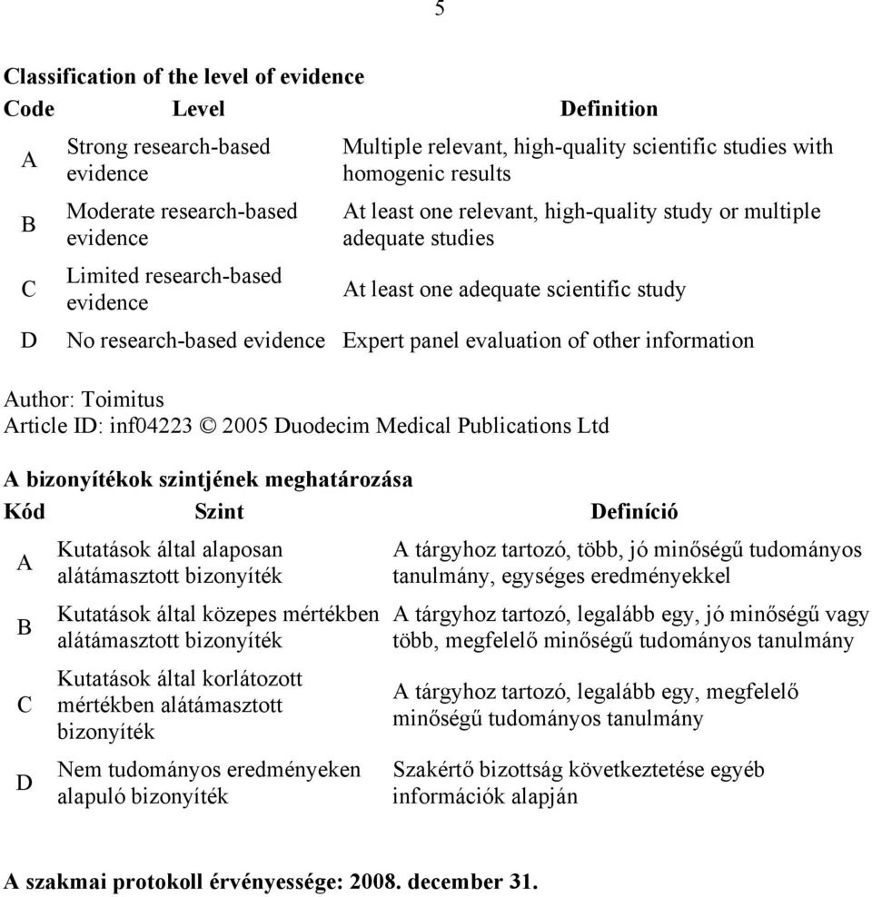 Article ID: inf04223 2005 Duodecim Medical Publications Ltd A bizonyítékok szintjének meghatározása Kód Szint Definíció A B C D Kutatások által alaposan alátámasztott bizonyíték Kutatások által