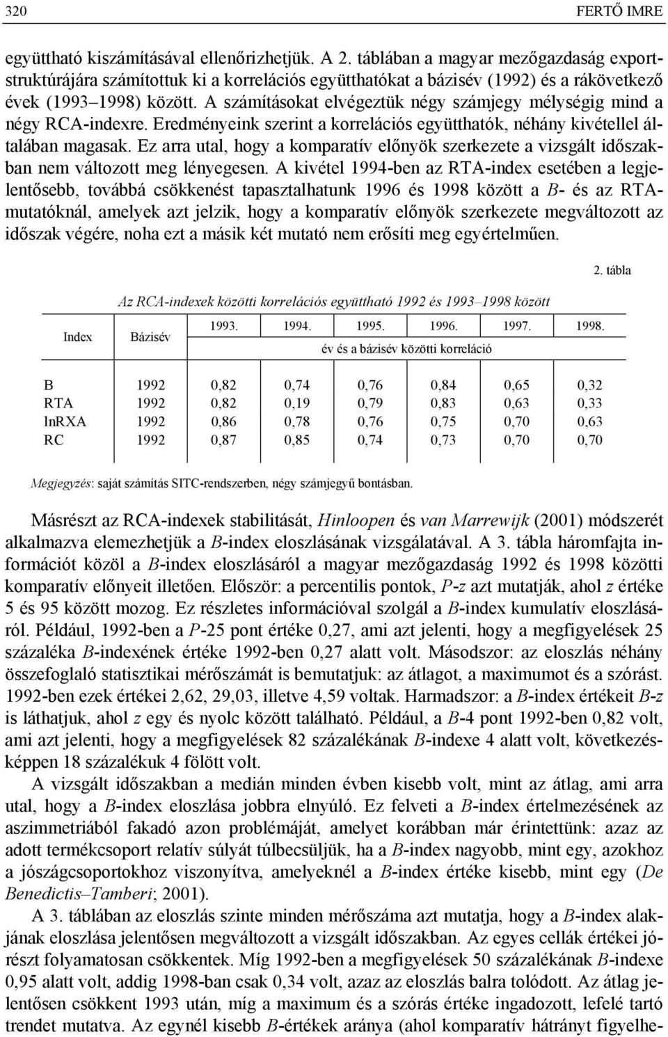 A számításokat elvégeztük négy számjegy mélységig mind a négy RCA-indexre. Eredményeink szerint a korrelációs együtthatók, néhány kivétellel általában magasak.