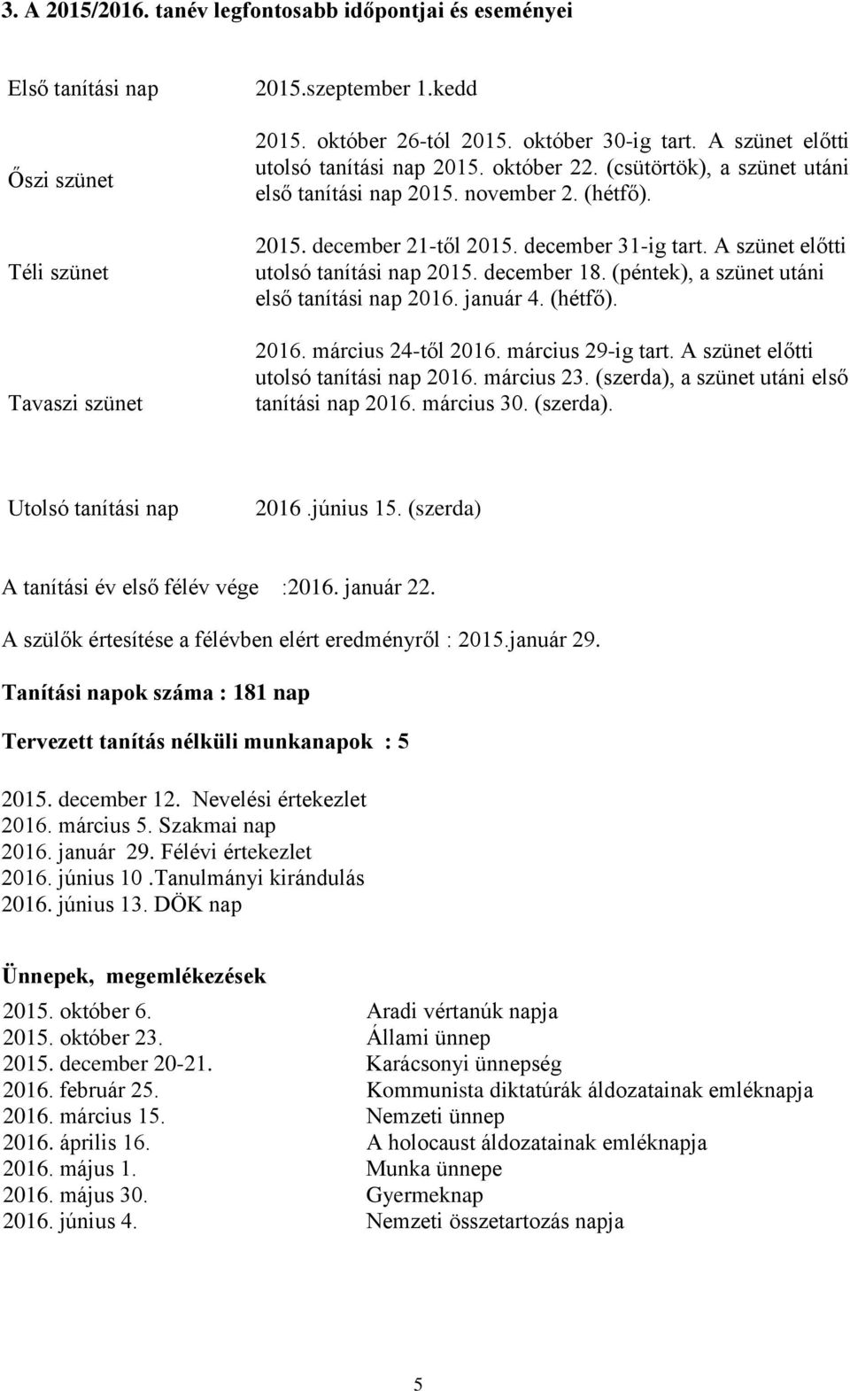 A szünet előtti utolsó tanítási nap 2015. december 18. (péntek), a szünet utáni első tanítási nap 2016. január 4. (hétfő). 2016. március 24-től 2016. március 29-ig tart.