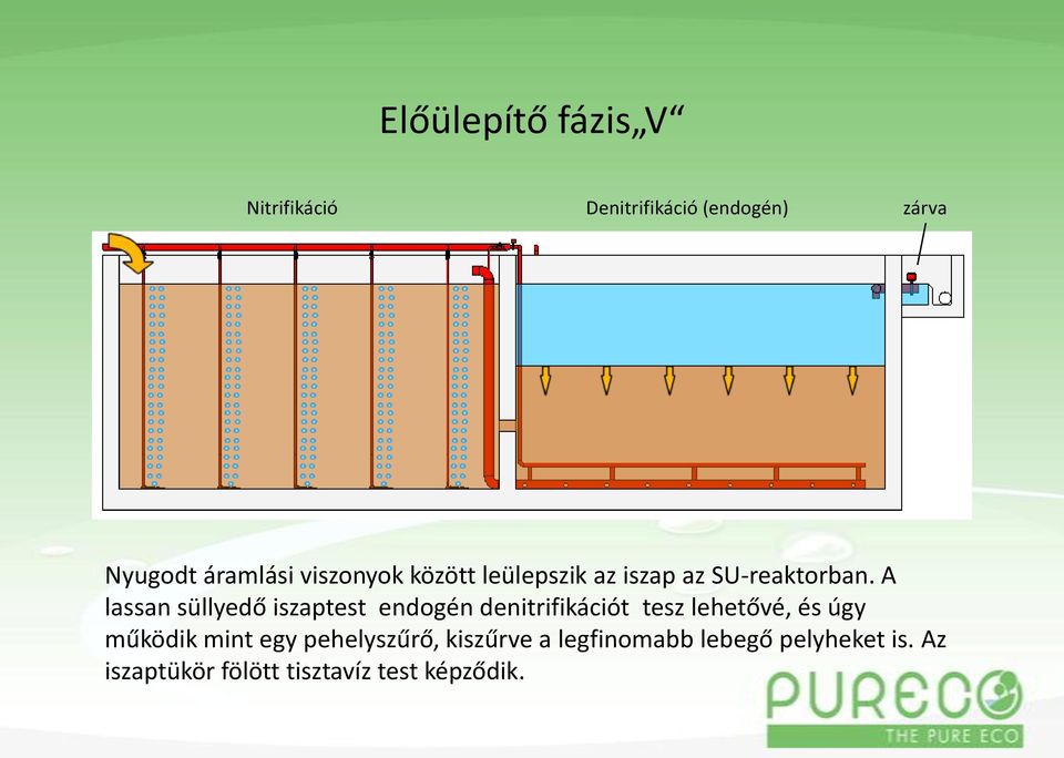 A lassan süllyedő iszaptest endogén denitrifikációt tesz lehetővé, és úgy működik