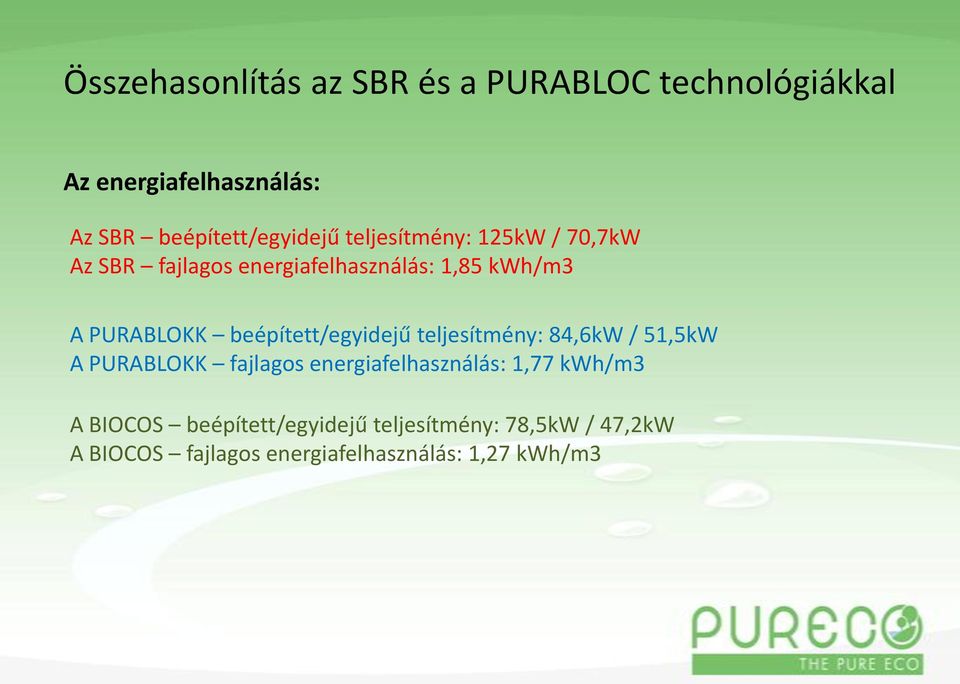 PURABLOKK beépített/egyidejű teljesítmény: 84,6kW / 51,5kW A PURABLOKK fajlagos energiafelhasználás: