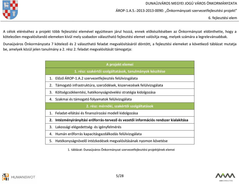 Dunaújváros Önkormányzata 7 kötelező és 2 választható feladat megvalósításáról döntött, a fejlesztési elemeket a következő táblázat mutatja be, amelyek közül jelen tanulmány a 2. rész 2.