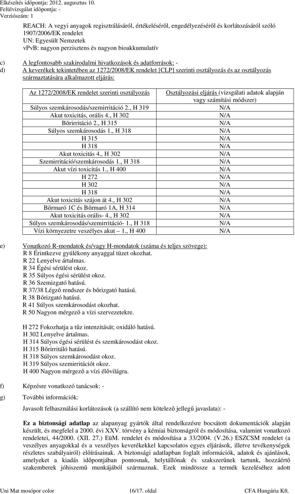 1272/2008/EK rendelet szerinti osztályozás Súlyos szemkárosodás/szemirritáció 2., H 319 Akut toxicitás, orális 4., H 302 Bőrirritáció 2., H 315 Súlyos szemkárosodás 1.