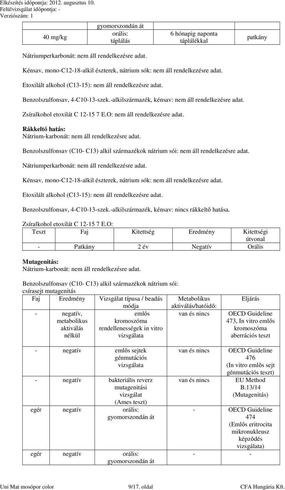 -alkilszármazék, kénsav: nincs rákkeltő hatása. Zsíralkohol etoxilát C 12-15 7 E.