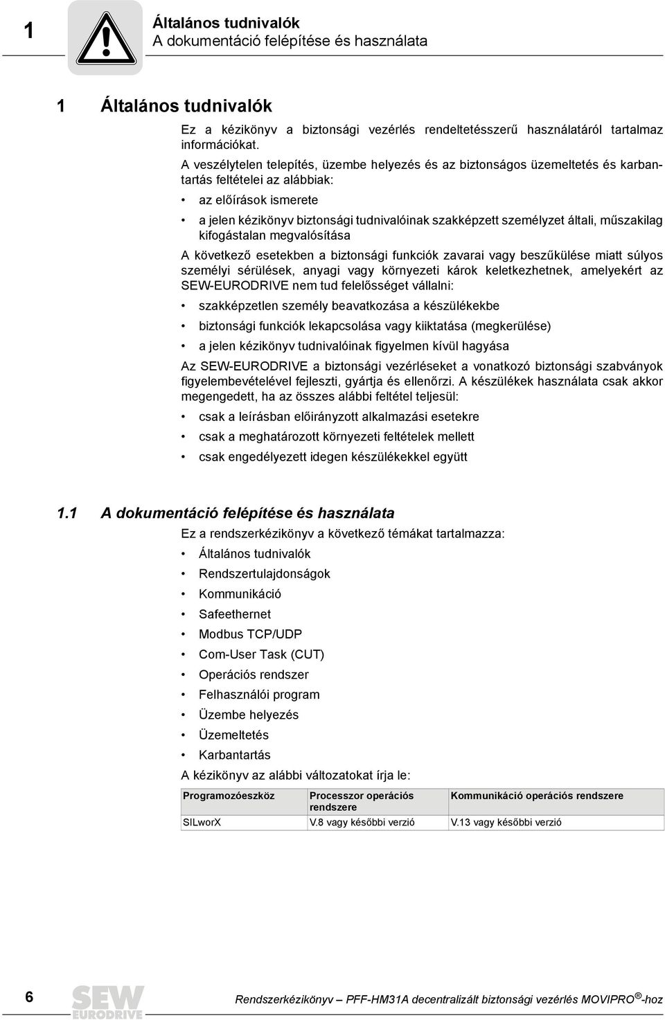 általi, műszakilag kifogástalan megvalósítása A következő esetekben a biztonsági funkciók zavarai vagy beszűkülése miatt súlyos személyi sérülések, anyagi vagy környezeti károk keletkezhetnek,