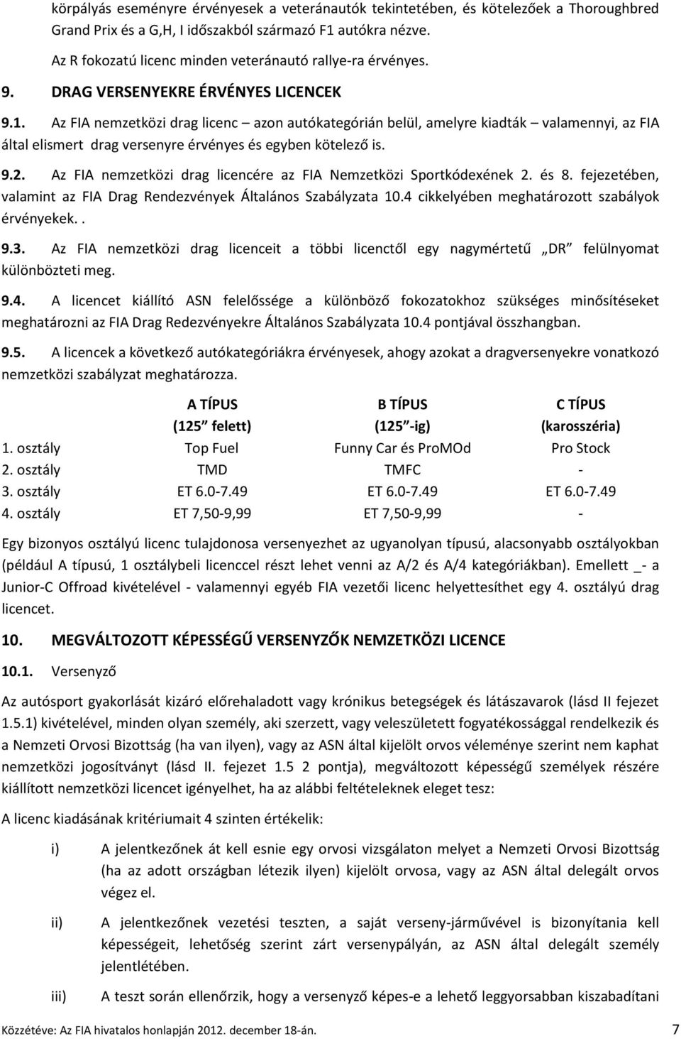 Az FIA nemzetközi drag licenc azon autókategórián belül, amelyre kiadták valamennyi, az FIA által elismert drag versenyre érvényes és egyben kötelező is. 9.2.