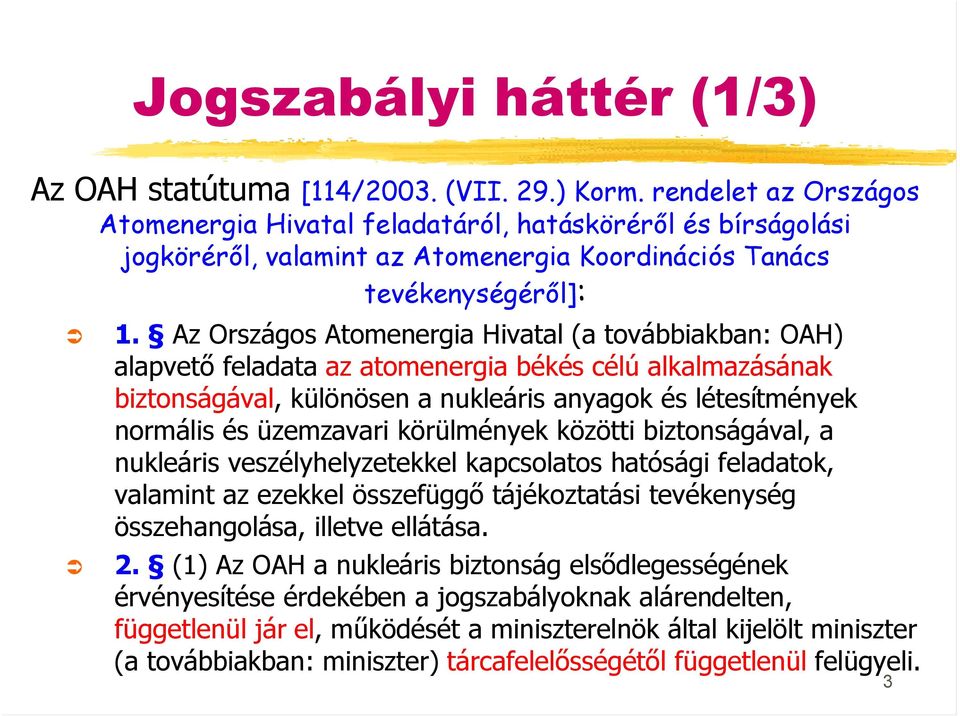 Az Országos Atomenergia Hivatal (a továbbiakban: OAH) alapvető feladata az atomenergia békés célú alkalmazásának biztonságával, különösen a nukleáris anyagok és létesítmények normális és üzemzavari