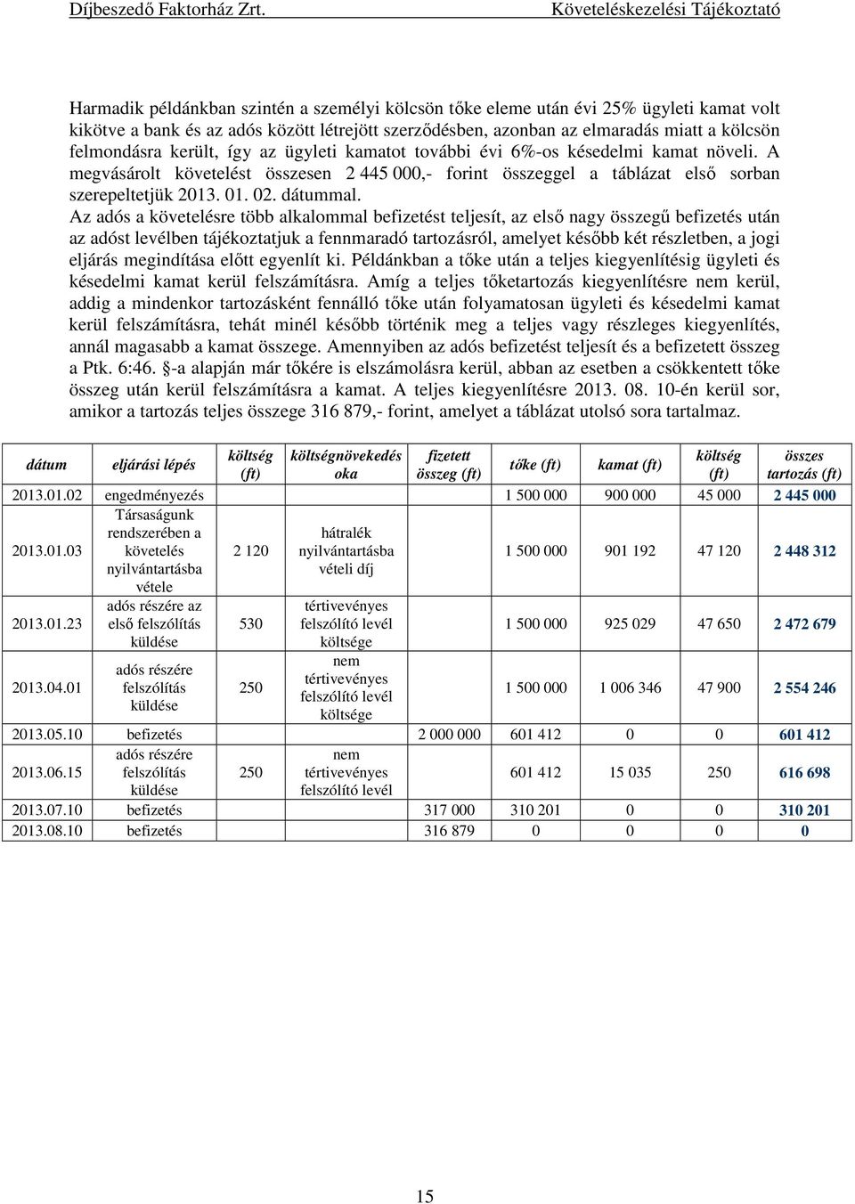 Az adós a követelésre több alkalommal befizetést teljesít, az első nagy összegű befizetés után az adóst levélben tájékoztatjuk a fennmaradó tartozásról, amelyet később két részletben, a jogi eljárás