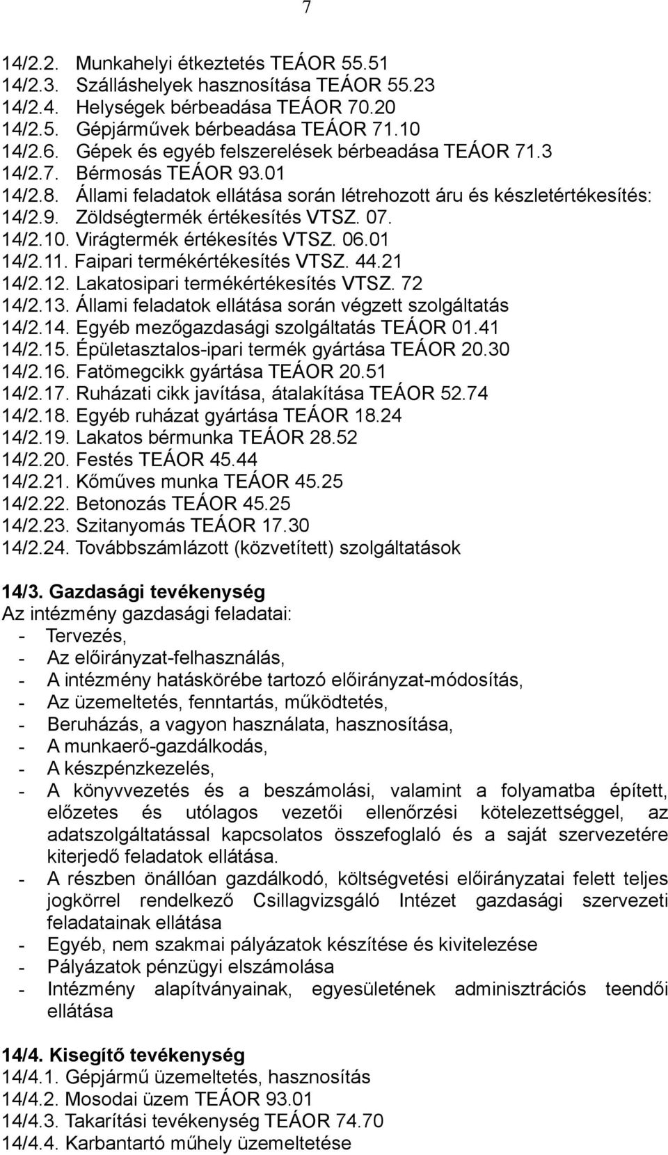 07. 14/2.10. Virágtermék értékesítés VTSZ. 06.01 14/2.11. Faipari termékértékesítés VTSZ. 44.21 14/2.12. Lakatosipari termékértékesítés VTSZ. 72 14/2.13.