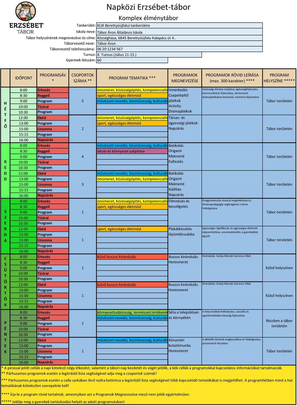 00 karakter) OGM LYÍ 8:00 rkezés önismeret, közösségépítés, kompetenciafe Ismerkedés sport, egészséges életmód sapatépítő 5 művészeti nevelés, kézművesség, kulturálisjátékok ctivity rámajátékok :00