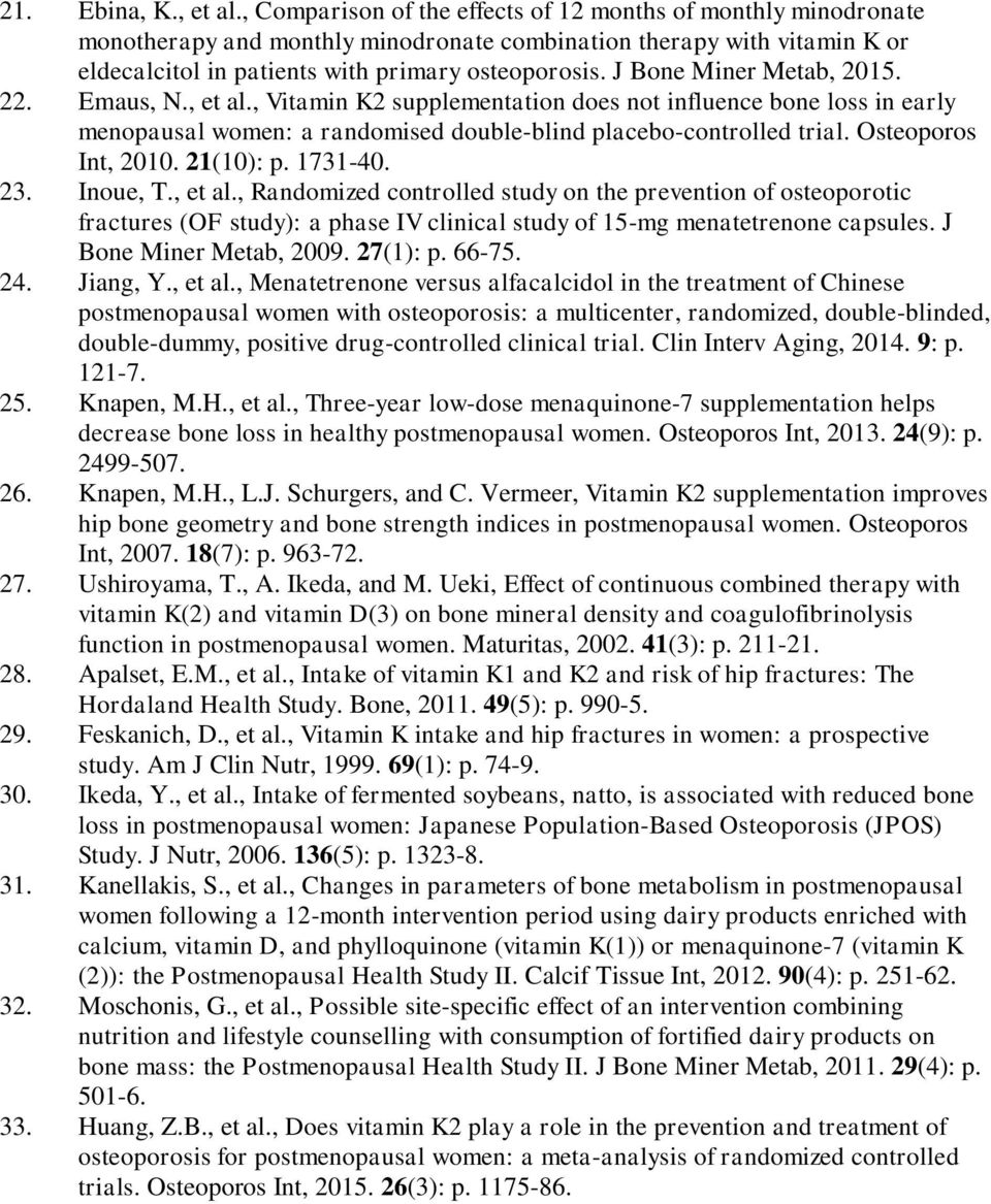 J Bone Miner Metab, 2015. 22. Emaus, N., et al., Vitamin K2 supplementation does not influence bone loss in early menopausal women: a randomised double-blind placebo-controlled trial.