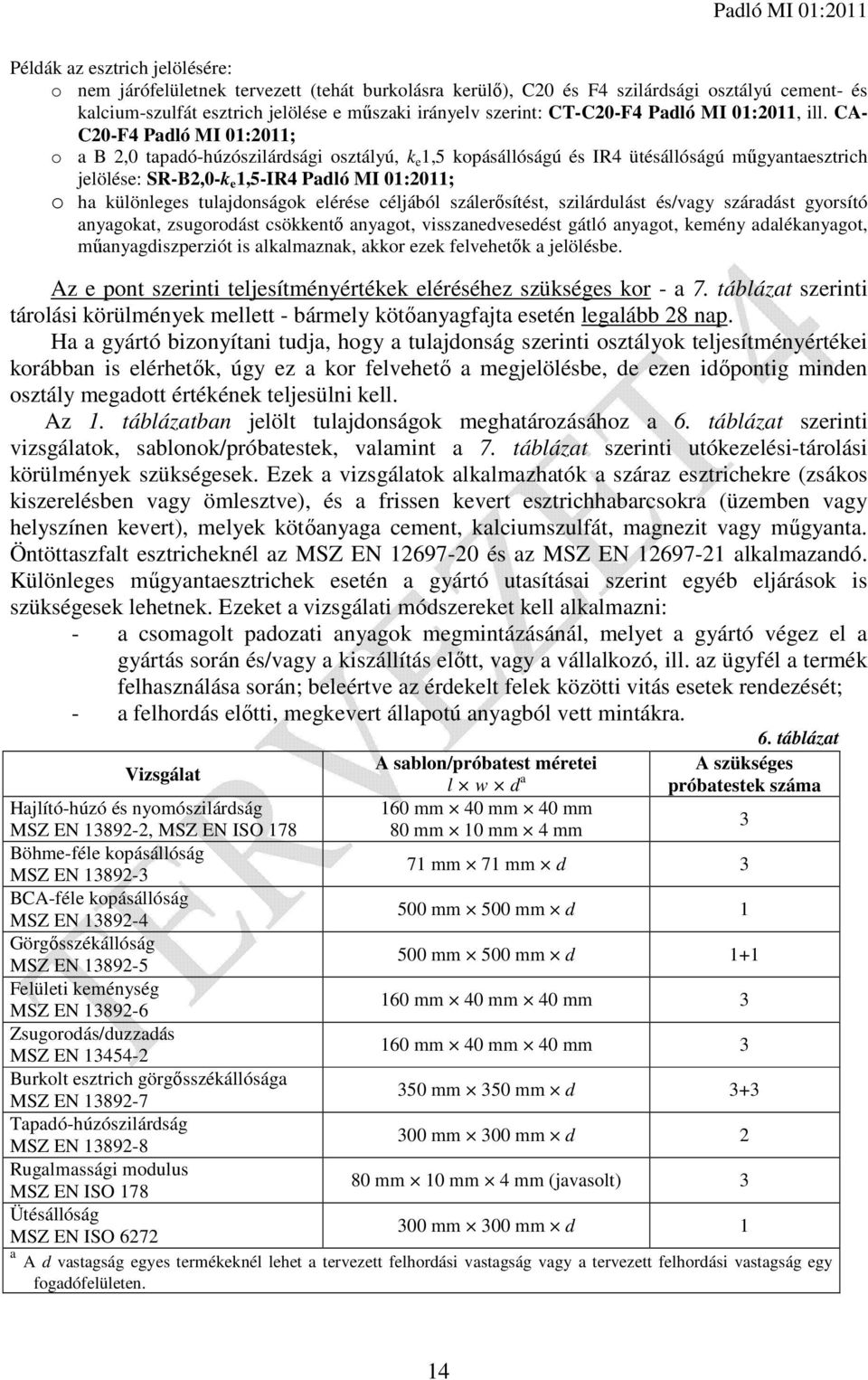 CA- C20-F4 Padló MI 01:2011; o a B 2,0 tapadó-húzószilárdsági osztályú, k e 1,5 kopásállóságú és IR4 ütésállóságú műgyantaesztrich jelölése: SR-B2,0-k e 1,5-IR4 Padló MI 01:2011; o ha különleges