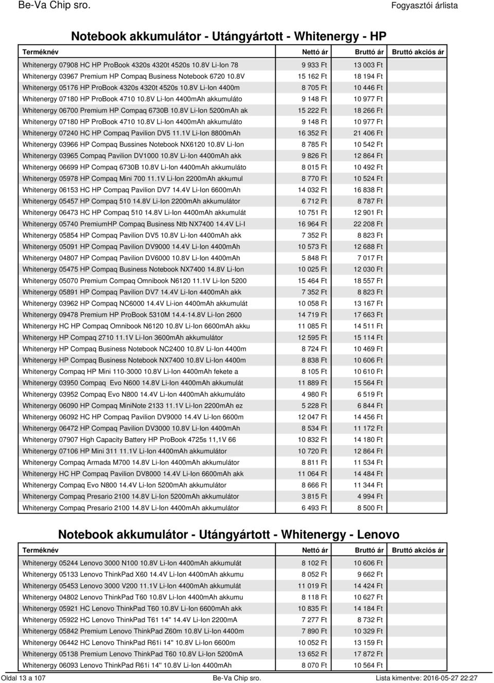 8V Li-Ion 4400mAh akkumuláto 9 148 Ft 10 977 Ft Whitenergy 06700 Premium HP Compaq 6730B 10.8V Li-Ion 5200mAh ak 15 222 Ft 18 266 Ft Whitenergy 07180 HP ProBook 4710 10.