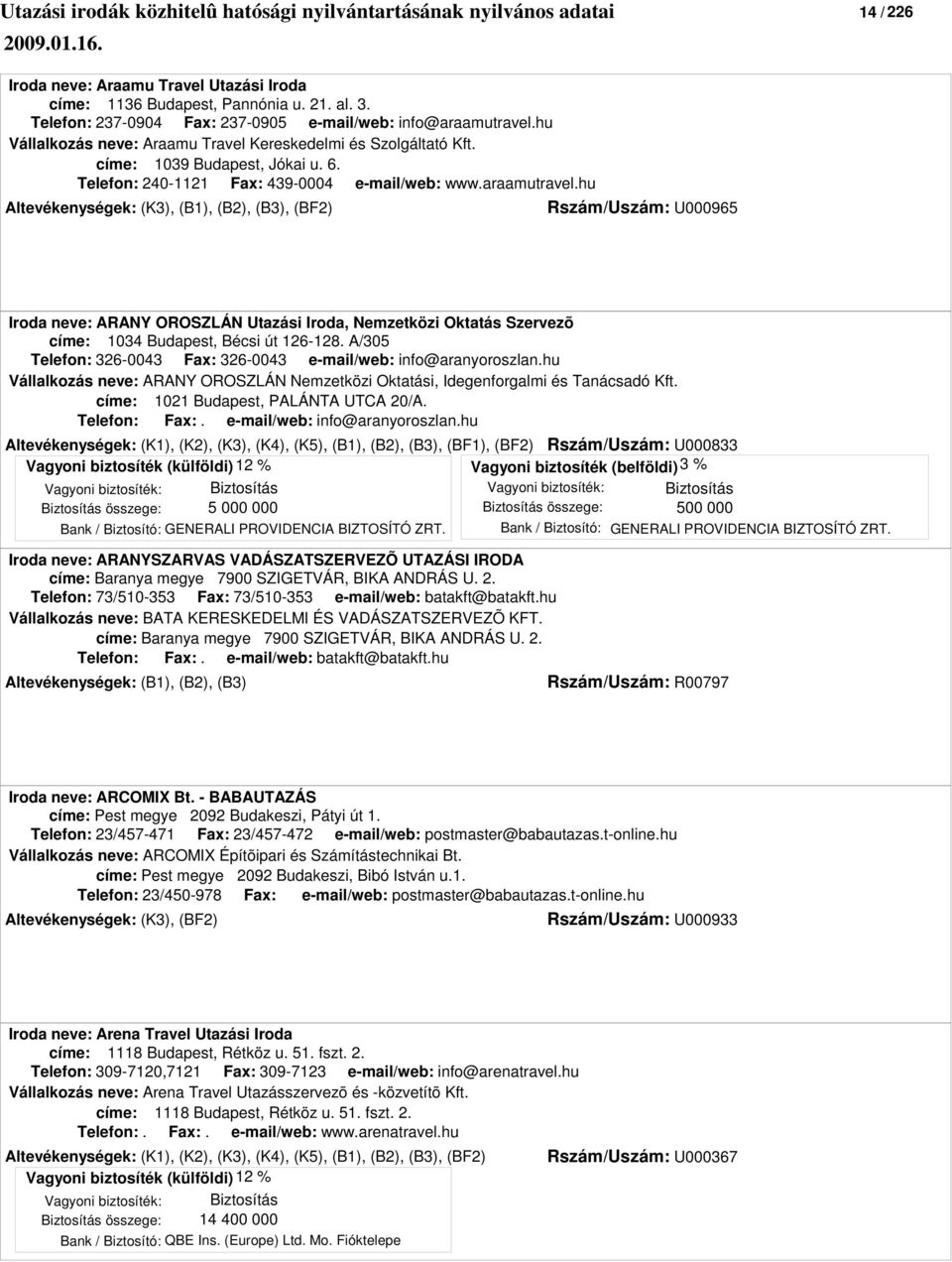 hu Rszám/Uszám: U000965 Iroda neve: ARANY OROSZLÁN Utazási Iroda, Nemzetközi Oktatás Szervezõ címe: 1034 Budapest, Bécsi út 126-128.