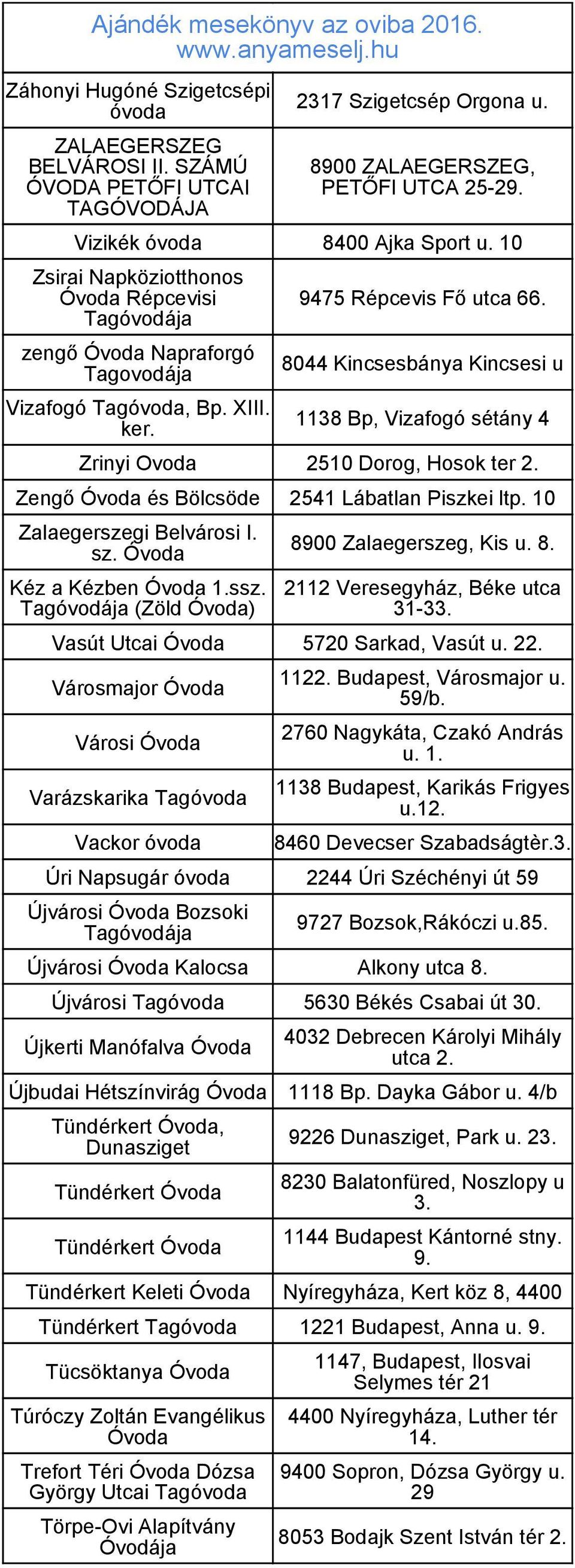 8044 Kincsesbánya Kincsesi u 1138 Bp, Vizafogó sétány 4 Zrinyi Ovoda 2510 Dorog, Hosok ter 2. Zengő és Bölcsöde 2541 Lábatlan Piszkei ltp. 10 Zalaegerszegi Belvárosi I. sz. Kéz a Kézben ssz.