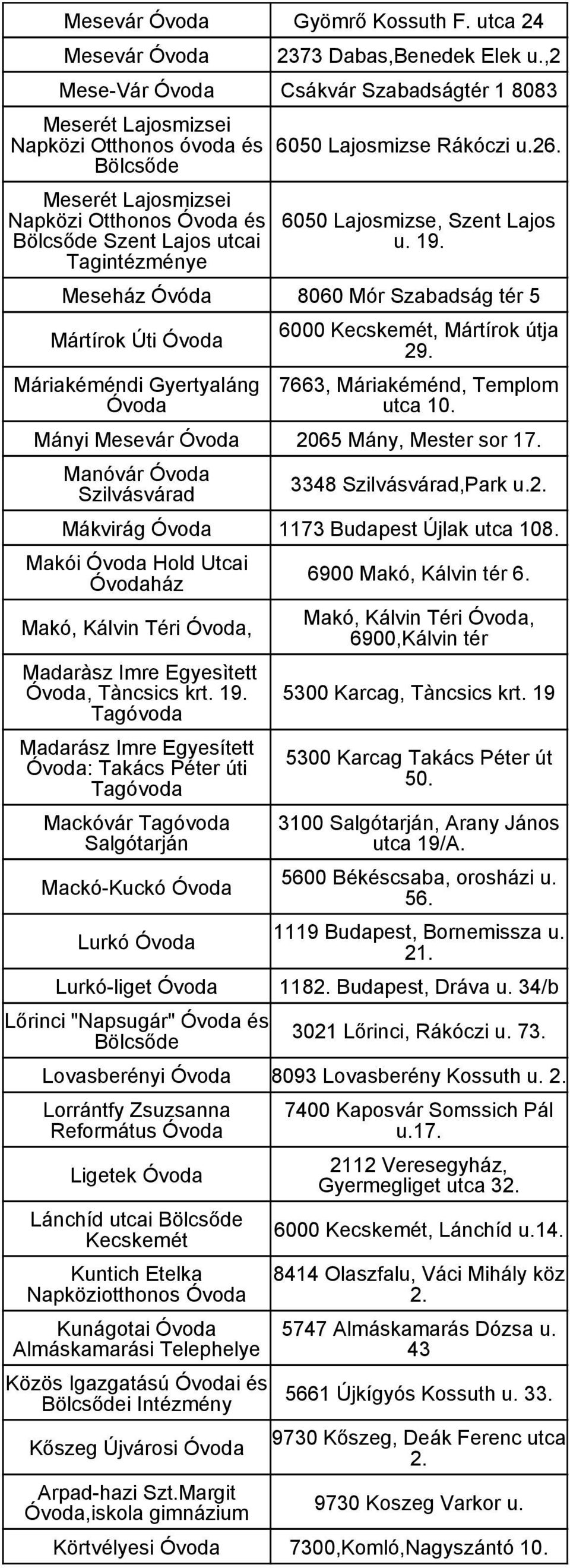 u.26. 6050 Lajosmizse, Szent Lajos u. 19. Meseház Óvóda 8060 Mór Szabadság tér 5 Mártírok Úti Máriakéméndi Gyertyaláng 6000 Kecskemét, Mártírok útja 29. 7663, Máriakéménd, Templom utca 10.