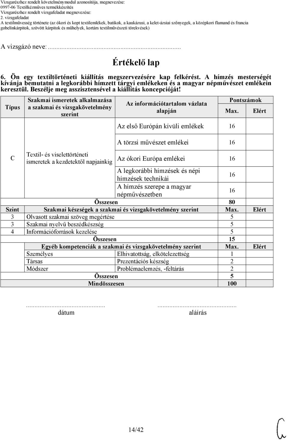 Típus Szakmai ismeretek alkalmazása a szakmai és vizsgakövetelmény szerint Az információtartalom vázlata alapján Pontszámok Max.