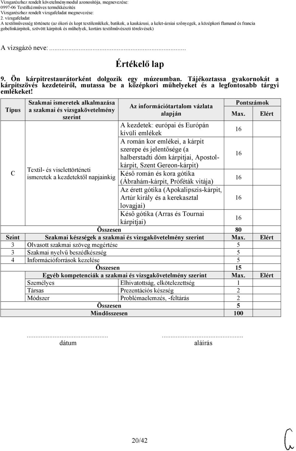 Típus Szakmai ismeretek alkalmazása a szakmai és vizsgakövetelmény szerint Az információtartalom vázlata alapján Pontszámok Max.