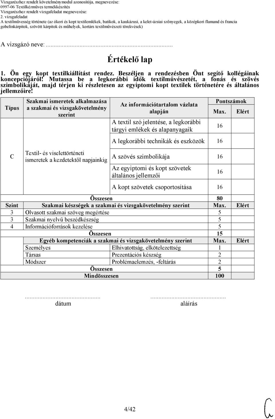 Típus Szakmai ismeretek alkalmazása a szakmai és vizsgakövetelmény szerint Textil- és viselettörténeti ismeretek a kezdetektől napjainkig Az információtartalom vázlata alapján A textil szó jelentése,