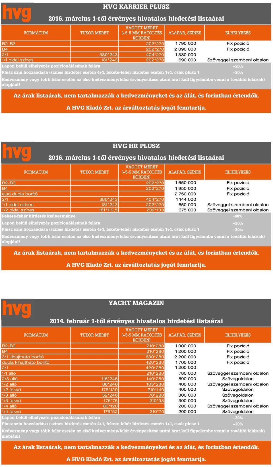 Fix pozíció 2/1 380*243 404*270 1 144 000 1/1 oldal színes 181*243 202*270 650 000 Szöveggel szembeni oldalon 1/2 oldal színes 181*119,5 202*133 375 000 Szöveggel szembeni oldalon HVG HR PLUSZ YACHT