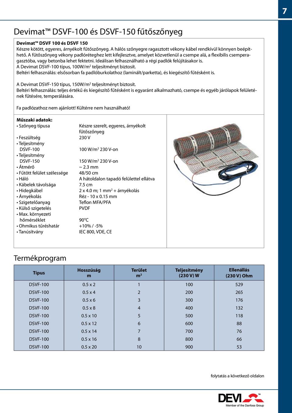 Ideálisan felhasználható a régi padlók felújításakor is. A Devimat DSV-00 típus, 00W/m 2 teljesítményt biztosít.