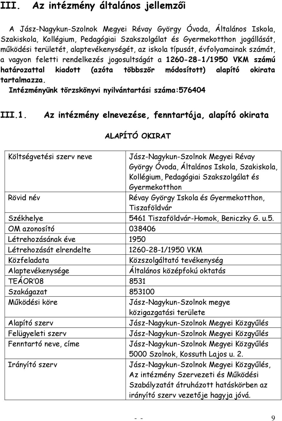 okirata tartalmazza. Intézményünk törzskönyvi nyilvántartási száma:576404 III.1.